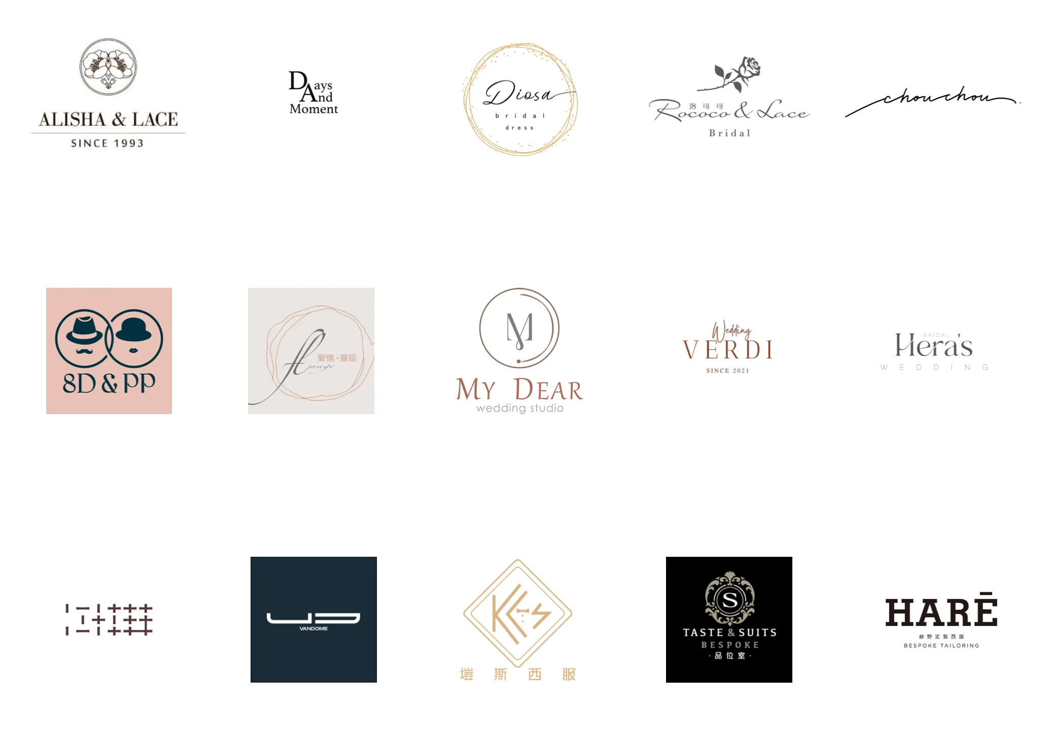 合作廠商:Alisha & Lace、Days and Moment、Diosa、洛可可、chouchou、8D&PP、My Dear、Verdi、Hera's、Taste & Suits、HARĒ 等